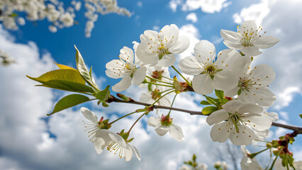 Obraz premium White Cherry Blossoms Against a Bright Blue Sky with Fluffy Clouds white flowers spring