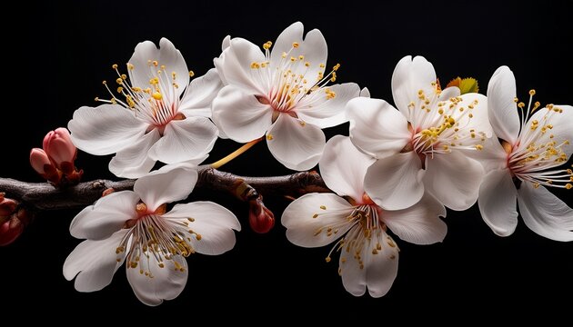exceptional blooming cherry tree flowers isolated on black background
