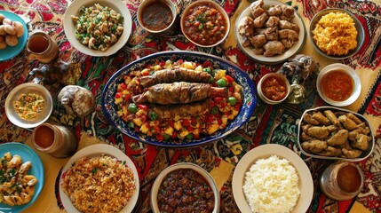 Traditional Middle Eastern Feast with Diverse Dishes and Colors