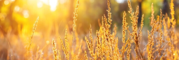 Dry autumn grass in a field in warm evening sunlight creating a golden glow. Natural meadow background for fall season.
