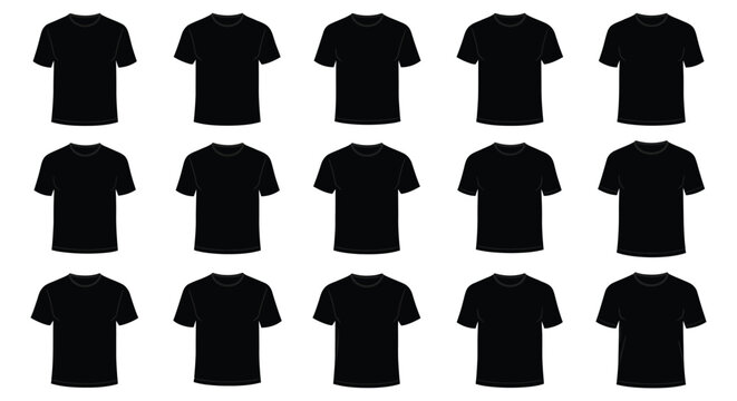 Fifteen Black T Shirts Arranged in a Grid Pattern on a White Background