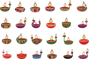 Beautiful diwali diya lamps illustration set design collection
