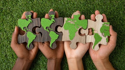 World map puzzle pieces held in hands, symbolizing unity.