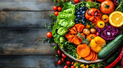 Vibrant assortment of fresh vegetables and fruits on wooden table