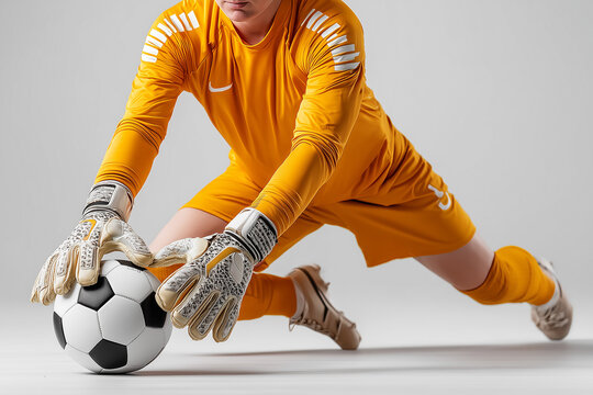 A male soccer player in yellow goalie gear dives mid-air, arms outstretched, attempting to save a ball against a neutral background.

