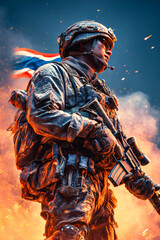Thai Soldier with Rifle and Flag in Sunset Glow