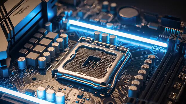 Illuminated High-Tech Motherboard Closeup Showcasing Advanced Circuitry and Design Elements