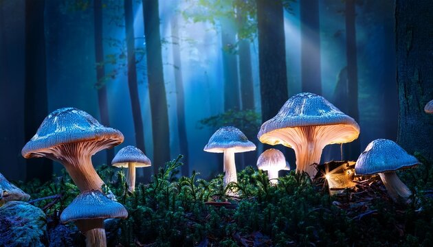 enchanting bioluminescent mushrooms illuminate a mystical forest with ethereal glow