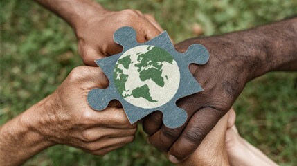 Diverse hands holding a puzzle piece with a world map.