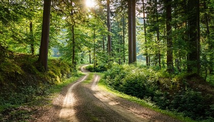 Fototapeta premium a winding dirt road disappears into the dense foliage of a lush forest with tall trees and vibrant greenery on either side rural landscape serene path