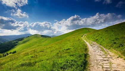 Fototapeta premium a winding trail through lush green hills in bieszczady under a bright blue sky with fluffy clouds perfect for outdoor activities and nature exploration