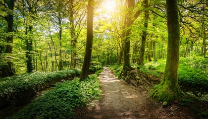 Fototapeta premium a peaceful pathway winds through a vibrant forest filled with fresh green leaves sunlight filters through the trees creating a serene atmosphere for a relaxing stroll in spring