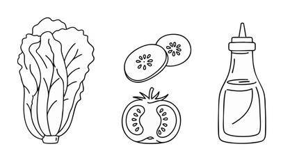 Simple Line Art Illustrations of Salad Ingredients Lettuce, Cucumber, Tomato, and Dressing