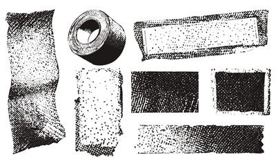 Stylish grunge collage set with torn scotch tape, duct tape wrinkles, and retro photocopy stipple texture. Vintage adhesive sticker elements for modern vector designs, isolated