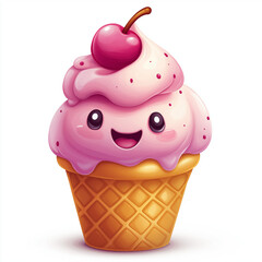 Smiling ice cream cone logo with cherry on top in vibrant minimalist cartoon style Generative AI