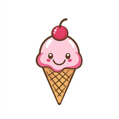 Smiling ice cream cone logo with cherry on top in vibrant minimalist cartoon style Generative AI