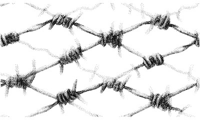 Seamless barbed wire grunge pattern with retro Y2K goth core style. Trendy stipple photocopy dots texture for modern vector illustration, poster design, punk fabric print, sweatshirt, t-shirt art