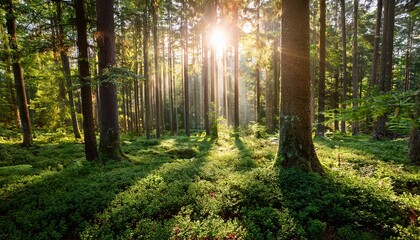 Obraz premium breathtaking sunlight shining through tall trees in the forest illuminating greenery in natural beauty