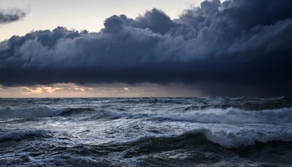 Obraz premium dark storm clouds over rough ocean waves at dusk