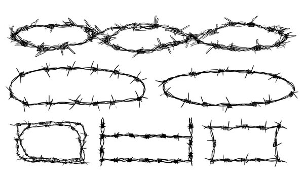 Vector set of black steel barbed wire silhouettes in round and square shapes. Illustration of protective barb fence frames, symbolizing danger, security, military, barrier, and urban boundary