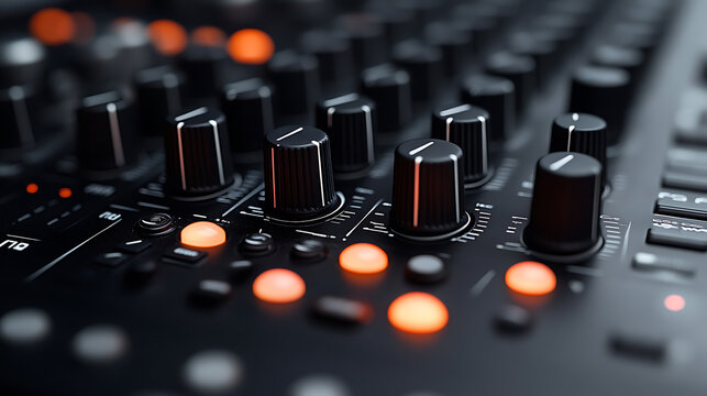 Close-up of a Music Mixer Control Panel with Illuminated Knobs