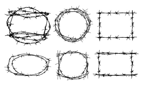 Steel barbed wire silhouettes in circular and square frames. Vector graphic of black barb fence shapes symbolizing danger, security, military, protection, barrier, iron fence, boundary