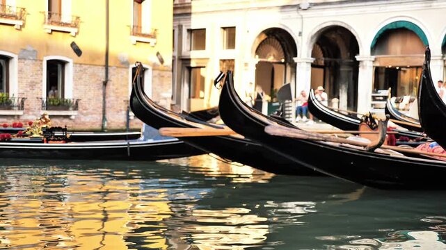 Gondola prows gleam in golden light as they line a Venetian canal, with reflections dancing on the water and historic facades in the background. Perfect for romantic, cultural, and travel-focused them