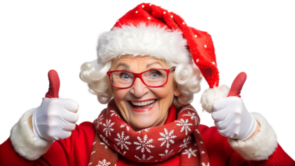 Happy elderly woman in santa hat isolated on transparent background, spreading christmas cheer and joy with a warm smile and festive spirit