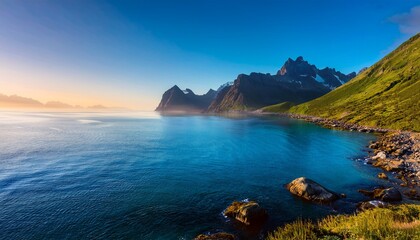 Fototapeta premium serene coastal landscape with glowing water at dusk