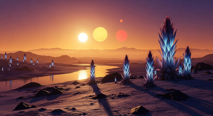 Futuristic alien planet landscape with crystalline structures and two suns.