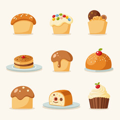 Assorted baked goods including muffins, cakes, and pastries on plates  