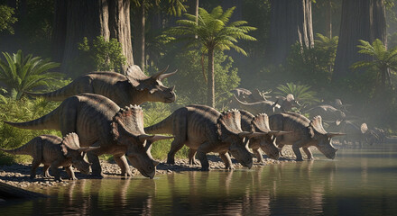 Fototapeta premium Group of dinosaurs roaming through a prehistoric jungle landscape.