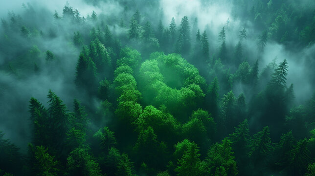 Surreal glowing green spiral forms in dense forest. Enchanted natural scenery evokes mystery and wonder. Perfect for fantasy landscape themes.