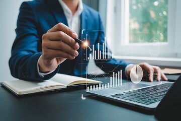 Professional financial advisor analyzing company growth with futuristic data interface on laptop screen