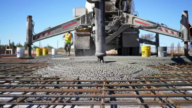 Concrete pouring from a pump truck, showing the construction process of a reinforced slab footage.