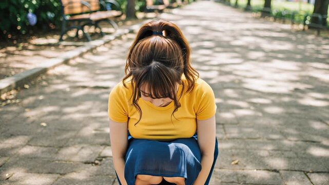 公園の並木道で丁寧にお辞儀をする黄色いTシャツの女性