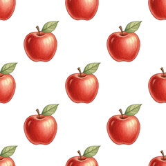Bright red apples with green leaves seamless vector pattern.