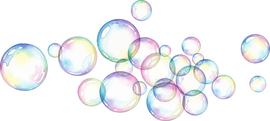 Group of iridescent soap bubbles floating and overlapping against a clean white background.