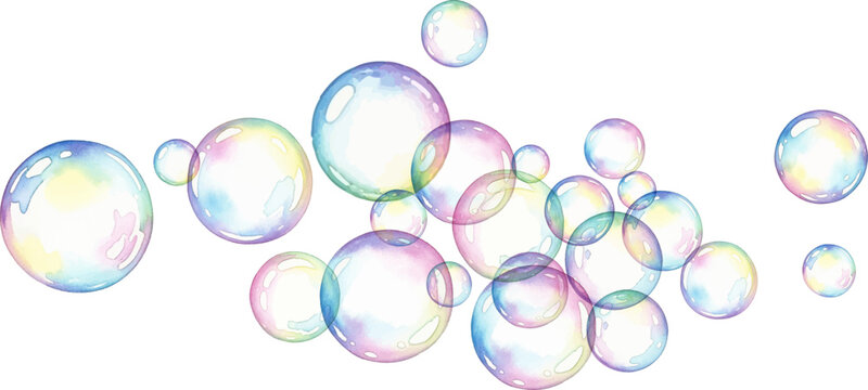 Group of iridescent soap bubbles floating and overlapping against a clean white background.