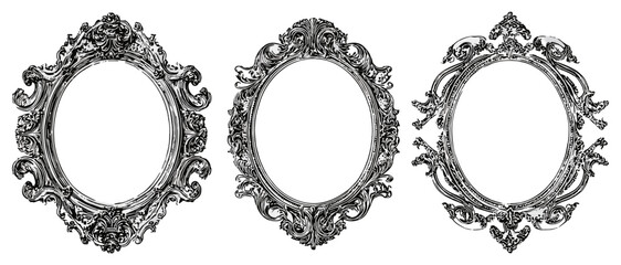 Antique baroque vintage oval mirror frames with stippled photocopy texture. Vector illustration of ornate gothic Victorian borders in retro style for decorative banner elements, collage art