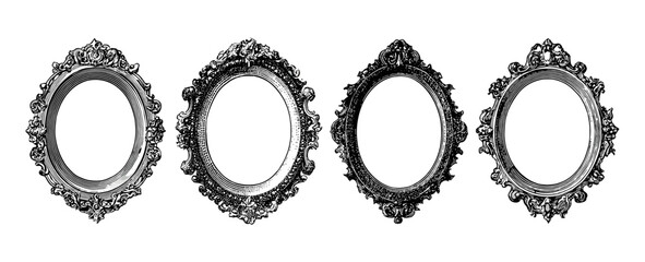 Ornate vintage gothic mirror frames with stippled halftone texture. Vector illustration of antique Victorian oval borders in retro baroque style for banner design, collage art, decorative element