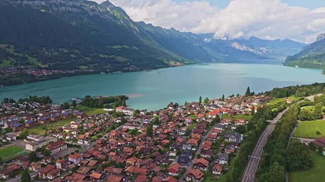Aerial View of Interlaken, Switzerland Between Lake Thun and Lake Brienz with Alpine Mountains