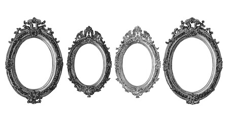 Retro vintage gothic mirror frames with stippled halftone effect. Vector illustration of antique ornate Victorian oval borders in baroque style for banner and collage design, decorative
