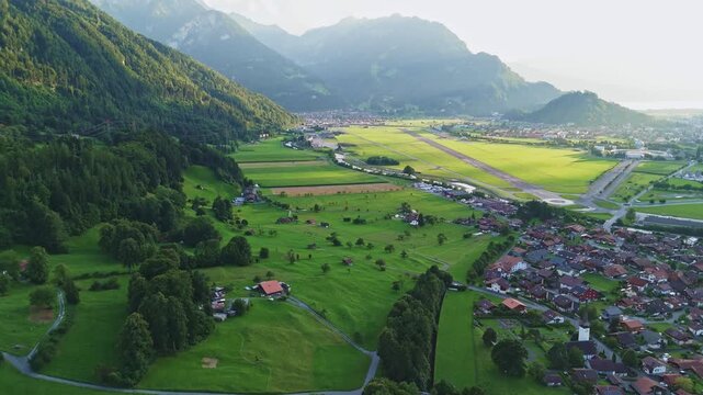 Aerial View of Interlaken, Switzerland Between Lake Thun and Lake Brienz with Alpine Mountains