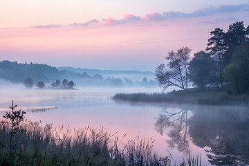 Fototapeta premium Dreamy misty sunrise over tranquil lake perfect for meditation retreats or calming nature scenes with gorgeous reflections, quiet morning inspiration