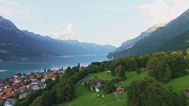 Aerial View of Interlaken, Switzerland Between Lake Thun and Lake Brienz with Alpine Mountains