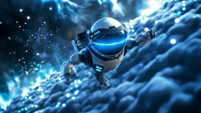 Futuristic robot soaring through nebula clouds