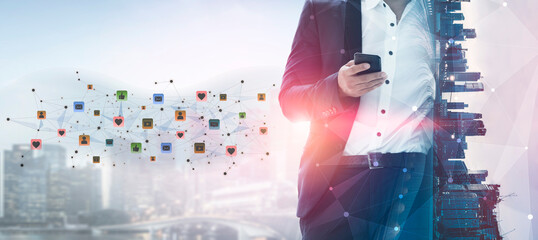 Social media interaction digital icons floating show concept of social media marketing. Online engagement, influencer marketing, and modern connection technology. Spline