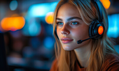 Young woman with headset microphone working in a modern call center with vibrant background bokeh, focused customer support agent using voice communication technology for efficient workflow