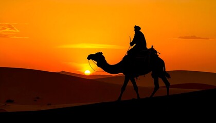 Silhouette of camel rider at sunrise